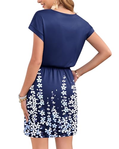 Image of AUSELILY Womens Summer Mini Dress, Short Sleeve V Neck Drawstring Casual | Soft smooth drape with an adjustable drawstring waist for beach, casual outings and daily wear