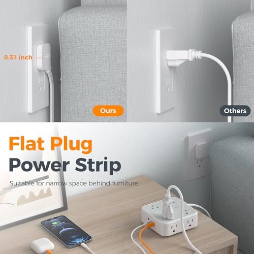 Image of TESSAN Surge Protector Power Strip, 5 Ft Flat Plug Extension Cord with 3 USB (1 USB C 20W PD) 8 Outlets, 1250W, 900J Protection, 3 Sided Outlet Extender with Power Switch for Office, Dorm Room, Grey