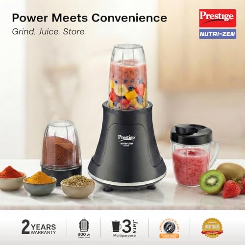 Image of Prestige Nutri-Zen Mixer Grinder with 3 Polycarbonate Jars - Big - 1000ml | Sipper with Handle - 700ml | Small - 700ml |Compact & Powerful Blender for Juices, Shakes & More