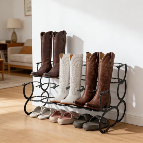 Stuffygreenus Cowboy Boot Rack 6 Pairs Horseshoe Boot Rack Cowboy Boots Storage Organizer Rustic Horseshoe Gifts Farmhouse Decor for Western Style Lovers Entryway Accessories