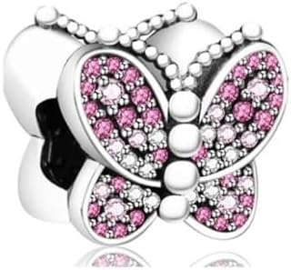 925 Sterling Silver Charm - Beautiful Butterfly - Elegant and Beautiful with Pink Crystal - Compatible with Pandora and Regular Bracelets and Necklaces