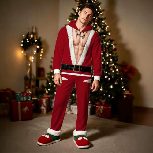 Men Ugly Christma Full Zip Hooded Onesie Novelty One Piece Pajama Set - image 3