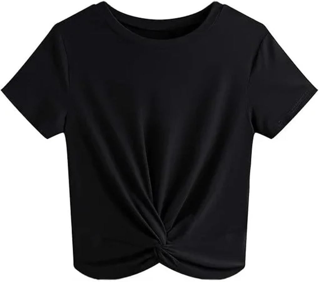 Women's Short Sleeve Round Neck Pleated Hem T-Shirt