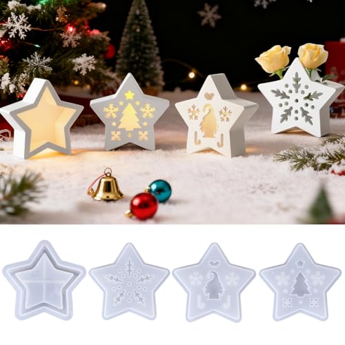 Lot de 4 Moules en Silicone Noël, Moule Résine Époxy Étoile, DIY Moules pour Coulée Résine, Plâtre, Décoration de Noël, Porte-Bougie