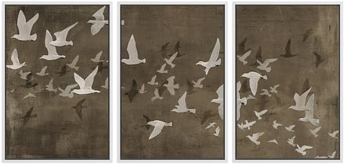 MUDECOR Framed Wall Art Print Set Flock of Abstract Birds in Flight Earthy Tones Illustrations Modern Art Boho Decorative Colorful Chic for Living Room, Bedroom, Office - 24"x36"x3 White