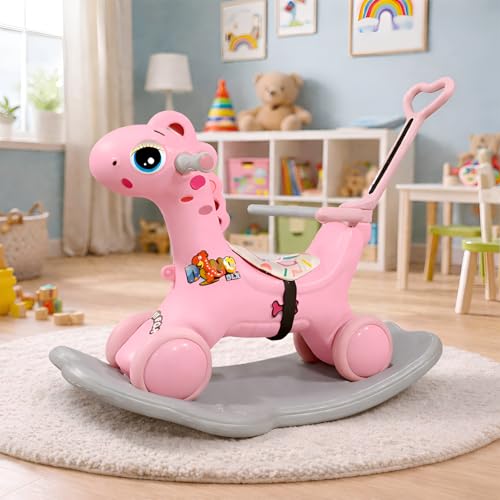 Image of 3 in 1 Push Ride On Rocker Horse for Kids with Parent Handle & Safety Belt, Convertible Rocking Horse to Ride On Toy, Non Toxic Plastic Baby Rider for 1 to 5 Years Boys & Girls (Pink)