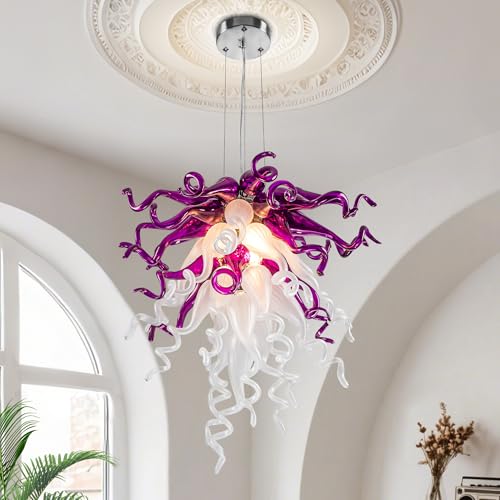 Kasiqilight Hand Blown Art Glass Chandelier,20' Dia Unique Purple White Hand Blown Glass Chandelier, Luxury Art Light Fixture for Bedroom, Living Room, Adjustable Height