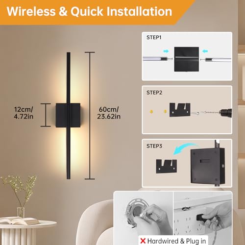 Image of Shenmoyl Battery Operated Wall Sconce Set of 2, 8000mAh Wireless Wall Sconces, 3000K-6000K Dimmable, 350Rotate, Indoor Wall Lights with Remote for Bedroom Living Room Bathroom, Black, 23.6 Inch