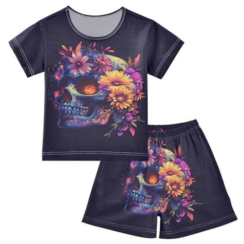 ALAZA Neon Color Skull and Flowers Pajama Set Short Sleeve Sleepwear Soft Lounge Nightwear