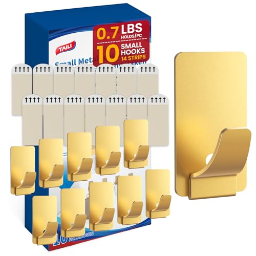 Image of TAILI Hooks for Hanging 10 Metal Sticky Hooks and 14 Adhesive Strips Gold