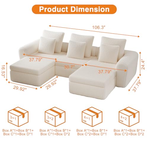 Image of Feonase Modular Sectional Sofa, Cloud Sectional Couch with Deep Seat, 106.3'Modern Modular U Shape Sofa Couch with Chaise, Upholstered Boneless Couches for Living Room Bedroom, Beige