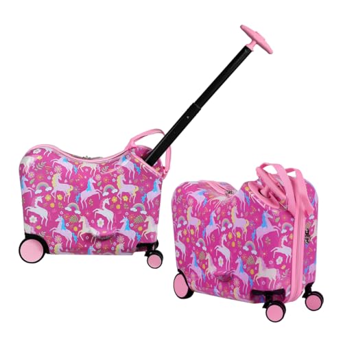Viggio Pink Rainbows And Unicorns Ride-On 18 Suitcase For Kids & Toddlers