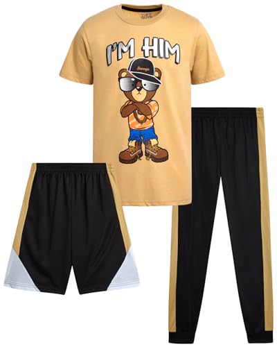 Image of Pro Athlete Boys Pants Set - 3 Piece Active Short Sleeve Graphic Tees Athletic Shorts and Jogger Sweatpants for Boys