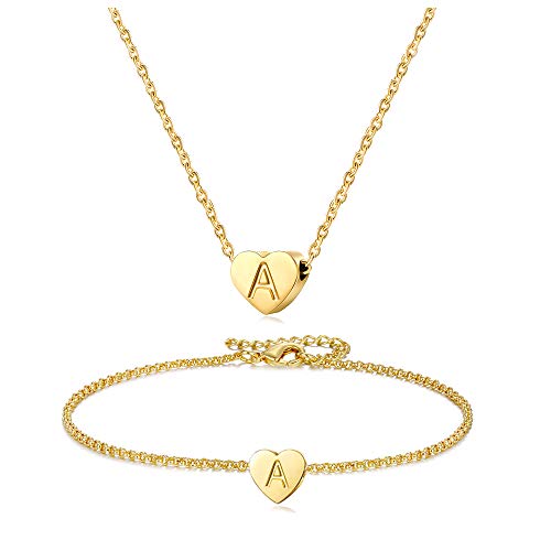 2Pcs Tiny Gold Initial Heart Necklace Bracelet for Women - Dainty Personalized Letter Heart Choker Necklace Gifts for Girls Jewelry (A)