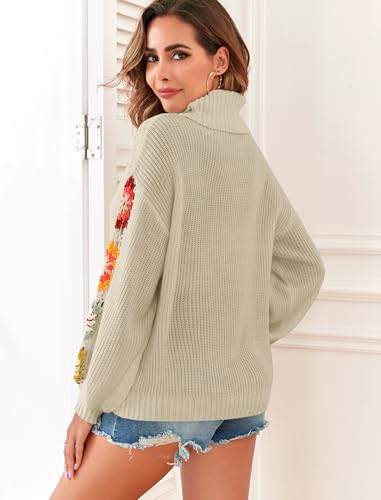 Image of ZAFUL Flower Crochet Turtleneck Sweater for Women Pullover Puff Long Sleeve Boho Knit Sweaters Trendy Knitwear Tops