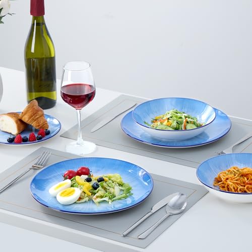 Image of Bestone Porcelain Dinnerware Sets Service for 4, 12 pcs Hand drawn Plates and Bowls Sets, Handmade Ceramic Dish Set, Chip Resistant Modern Plate Set, Dishwasher /Microwave Safe,Starburst blue