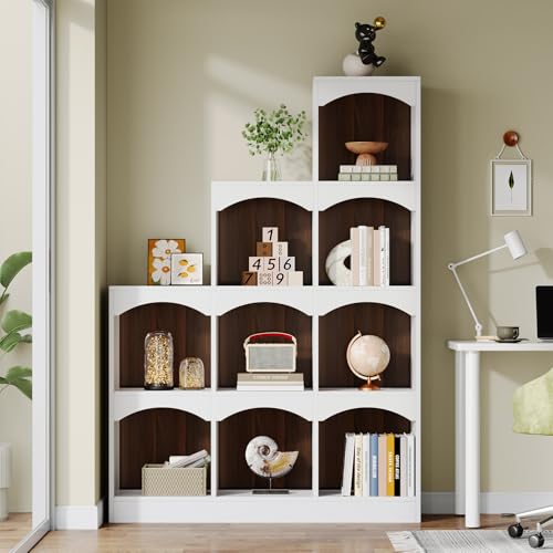 Image of Tribesigns 9 Cubes Bookshelf, Modern 9-Cube Stepped Etagere Bookcase, L-Shaped Ladder Corner Open Bookshelf, Wood Storage Display Shelf for Living Room Home Office, White