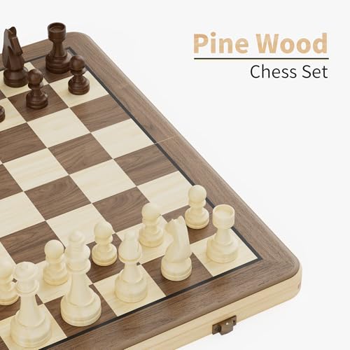 Image of 15 Inch Magnetic Wooden Chess Set, Pine Wood Folding Chessboard with Brown Dual-Sided Storage Trays, 2 Extra Queens & Dust-Proof Bag, Portable Travel Board Game(Brown)