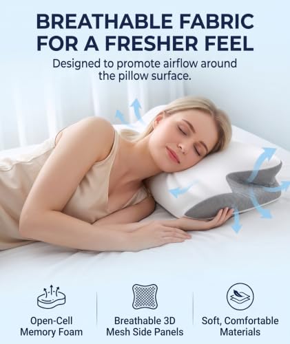 JKNJKN Low Profile Cervical Pillow for Neck Pain Relief, Orthopedic Memory Foam Pillow with Dual Height 4.3" & 5.1" Loft, Cooling Butterfly Contour with Arm Rest for Side and Back Sleepers - image 4