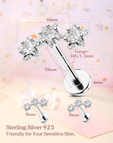OUFER 16G Étoile Argent 925 Helix Piercing Filetage Interne Anneau Tragus Conch Transparente CZ Flat Cartilage pour Femme 6 mm Lip Stud – vue 4