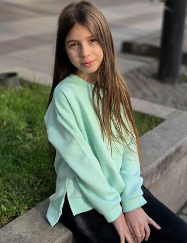 Image of Arshiner Girls Crewneck Sweatshirt Long Sleeve Pullover Tops Drop Shoulder Sweatshirts Side Split
