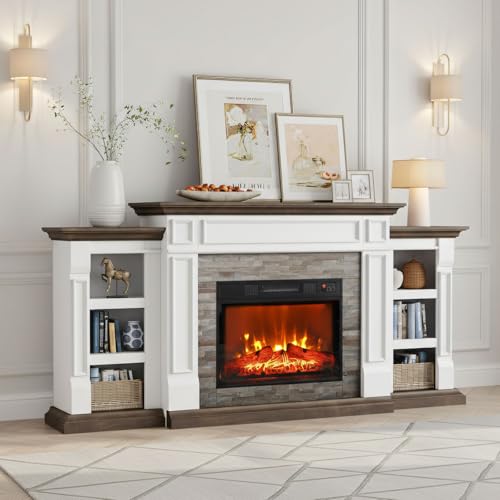 72" Electric Fireplace with Mantel, Fireplace TV Stand for TVs Up to 80 Inch, Farmhouse Entertainment Center with Storage, Realistic Stacked Stone Surround with Remote Control for Living Room,Bedroom