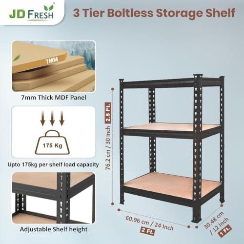 Image of JD FRESH 3-Shelf Boltless Metal Rack for Storage /30x24x12 Inch Adjustable Standing Shelf with MDF Wooden Plank /175kg Load Per Shelf Storage Rack /Utility Display Rack for Kitchen /Garage (Black)