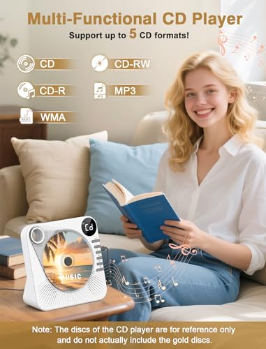 Image of CD Player Bluetooth with HiFi Dual Speaker,Desktop CD Player for Home with Remote Control,Dust Cover,LCD Display,Sleep Timer,EQ Sound,USB /AUX,Kids,Gift,White