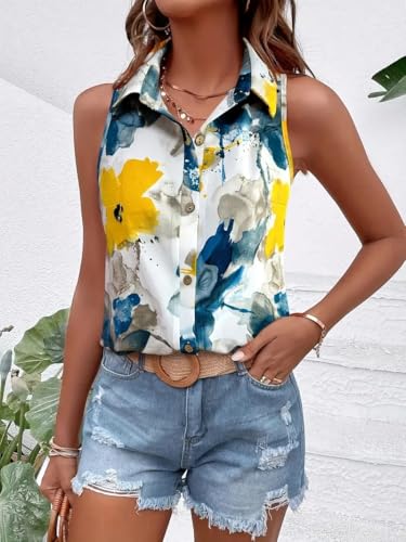 Image of Gufrina Women's Sleeveless Button Down Shirt with Abstract Floral Print in Yellow and Blue - Lightweight Casual Summer Top for Relaxed Fit