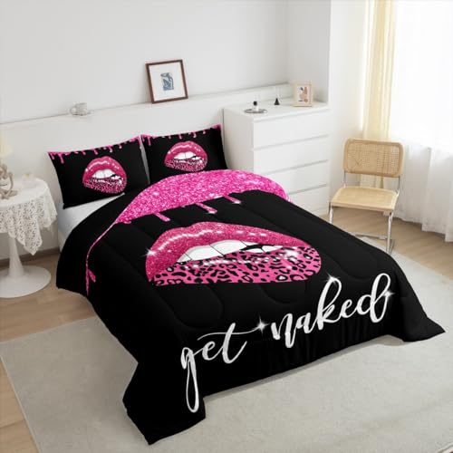 Image of Feelyou Get Naked Bedding Set Full Size, Pink Leopard Sexy Lips Comforter Set for Kids Boys Girls Teens Glitter Lips Comforter Get Naked Duvet Set Bed Set 3Pcs Reversible