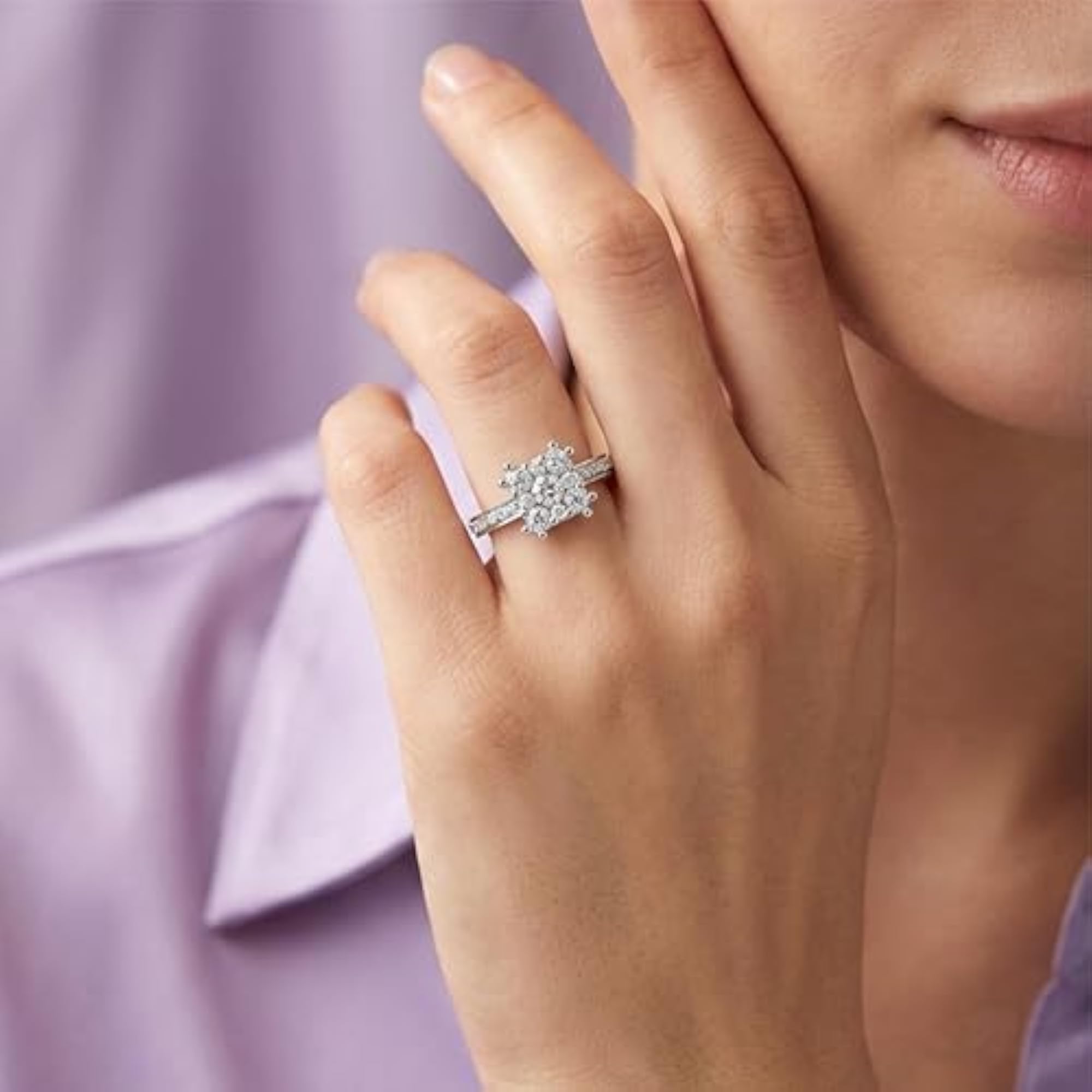 Women's 925 Sterling Silver Halo Cluster Solitaire Ring, Elegant Statement