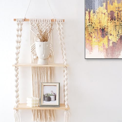 BODYGAD Wandregal Holz, Makramee Wandbehang Deko Badezimmer Schweberegal Boho HäNgeregal, Makramee Deko Wandregale 2er Set für Badezimmer,Schlafzimmer,Wohnzimmer,Küche,Home