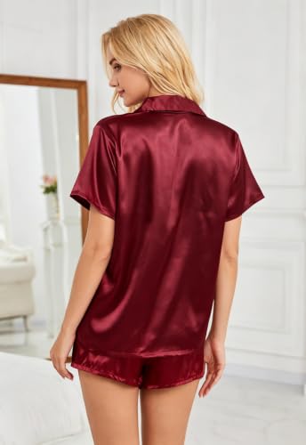 Image of Satin Pajamas for Women, Notch Neck PJ Adjustable Drawstring Shorts