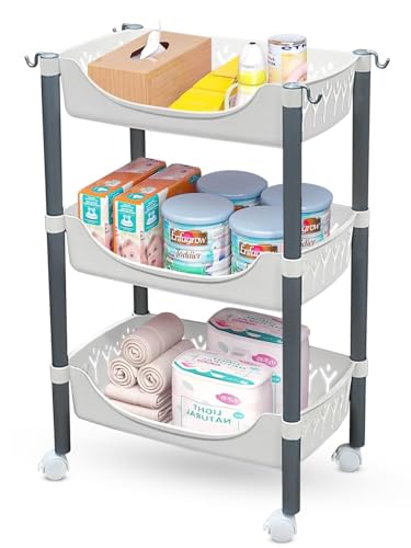 Image of Lukzer 3 Tier Plastic Rolling Cart Trolley Stand Multipurpose Fruits & Vegetable Storage Basket Rack with Wheels Slim Space-Saving Organizer for Kitchen Home Bathroom Office-White 115x30x41.5cm CH-137