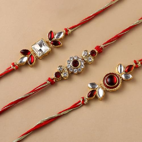 Image of CraftVatika Kundan Rakhi Set of 3 for Brother with Chocolate Gift Combo for Rakshabandhan with Greeting Card