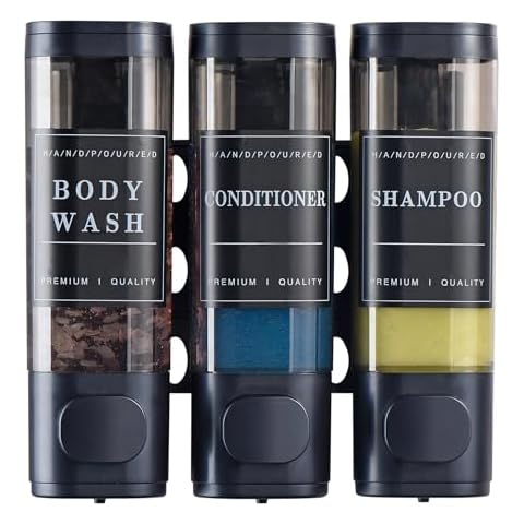 Cabo Deseado Shower Soap Dispenser Wall Mounted No Drill Shampoo Dispenser for Shower Wall Shampoo and Conditioner Dispenser Bathroom Hotel 3 * 300ml Dark Blue with Labels Cover