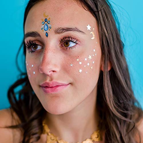 Cosmic Gems Variety Set Includes 25 Assorted Premium Waterproof Metallic Gold & Silver Temporary Foil Party Tattoos - Face Sparkle, Face Tattoo, Stars, Moon, Festival Tattoo, Boho Tattoo, Celestial #TOP3