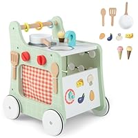COSTWAY 6-in-1 Wooden Baby Walker, Toddler Push and Pull Learning Activity Center with Wheels, Teaching Clock, Shape Matching & Movable Slider, Pretend Play Kitchen for 12 Months + (Green)