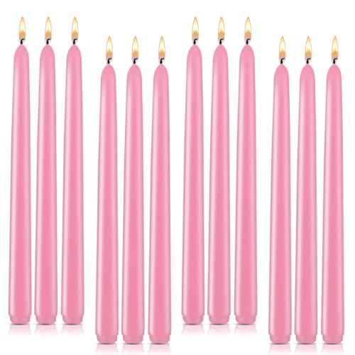 Taper Candles, Non-Toxic, Non-Smoking 10-inch Pink Taper Candles (Set of 12), 7-8 Hours Burn Time, Non-Drip, Unscented Taper Candles, Perfect for Dinner Candles and Household Candles