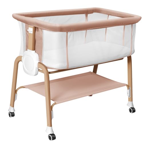 Image of Bassinet Bedside Sleeper, Bedside Bassinet for Newborn, Baby Bassinet with 5 Adjustable Height, Rocking Bassinet with Wheels, Breathable Mesh &Mattress, Easy Folding Portable Bedside Crib,Light Yellow