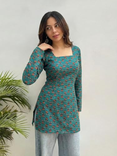Image of ANNI Designer Short Kurti for Women Printed Design | Square Neck Full Sleeve Kurti Tops for Women | Stylish Kurtis & Short Kurtis for Woman | Casual Kurti with Jeans | Kurtas for Woman