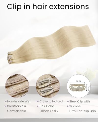 Image of LaaVoo Clip In Hair Extensions, For Beginners, 14 Inch 5Pcs 80g | Bleach Blonde Human Hair Clip In Extensions, Display Natural Shine, Match Party Wear, And Date Night Styling