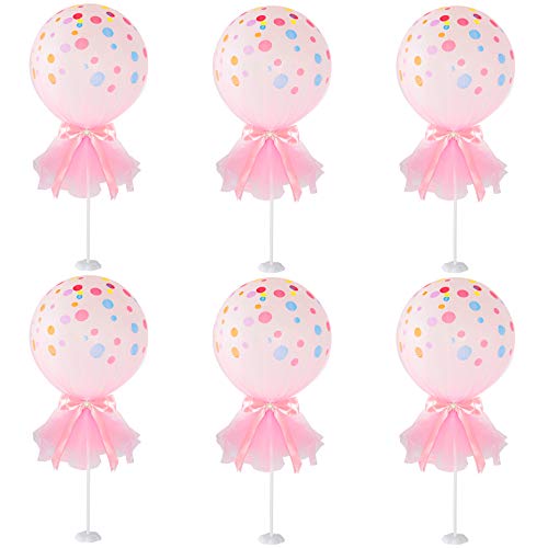SKOLOO Table Balloon Stand Sticks, Case of 6 Set, Small Balloon Columns for Weddings & Birthday & Baby Shower Table Decorations, Pink Tulle Balloon Tassels (12 inch)