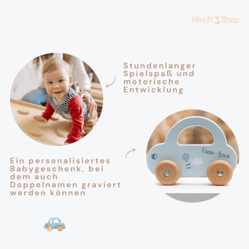 minipishop® Baby Geschenk personalisiert Junge Spielzeug Holzauto Blau I Erstes Auto mit Namen als Geschenkidee zur Geburt Holzspielzeug ab 1 Jahr