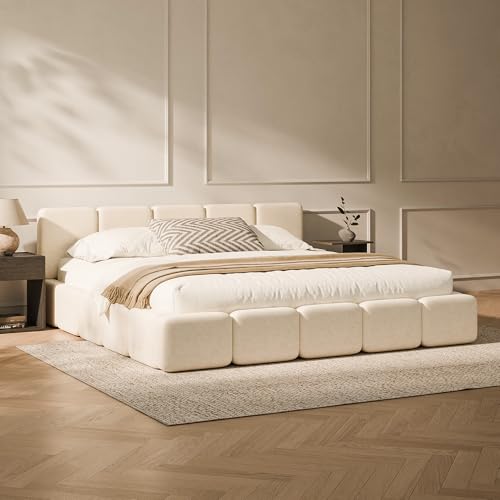 Image of RECCI Cloud King Upholstered Platform Bed Frame, Low Profile Grounded Design with Plush Headboard & Footboard, Wood Slat Support, Noise-Free, No Box Spring Required, Beige
