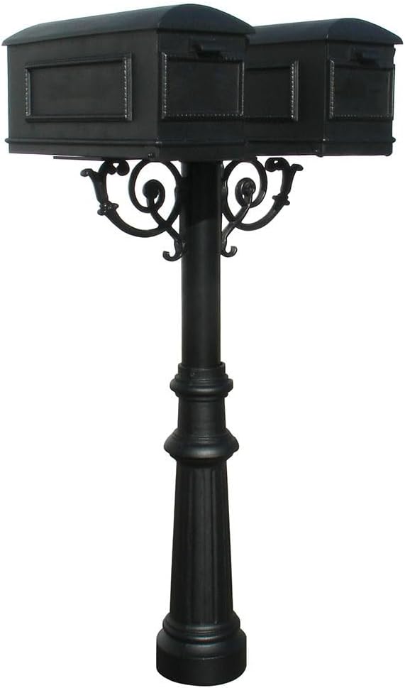 The Hanford Cast Aluminum Twin Mailbox Post System with Fluted Base, 2 Lewiston Mailboxes, Mounting Brackets and Scroll Supports, Ships in 2 boxes