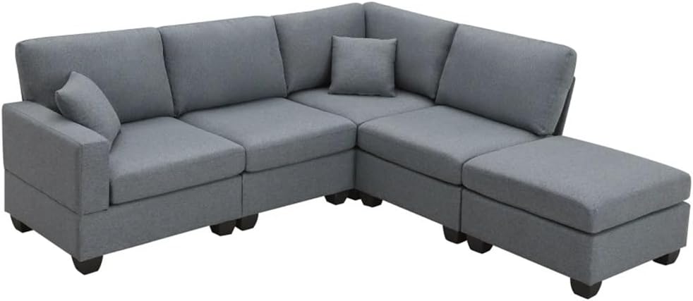 89.8 * 60.2" L-Shape Linen Fabric Corner Couch Set Sectional Sofa,5-Seat Modular with Convertible Ottoman(Black)