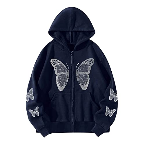 LMSXCT Y2K - Sudadera con capucha para mujer, diseño de telaraña y corazón, estilo punk, ropa de calle, gótico, Harajuku, de gran tamaño, con cremallera, A01-azul marino, S