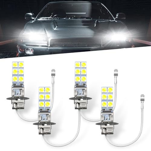 Sumjig 4 PCS H3 Car LED Fog Light, 5050-12SMD 55W 6000K 12V AC Anti-fog Super Penetrating Light, 360-degree No Blind Spot Lighting Accessories, Compatible with Most Car Models (White)