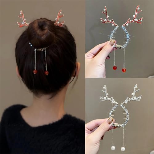 mdgfge Pinzas de Pelo de Navidad con Ciervos, Perlas, Borla, Barrette, Accesorios para Mujeres y Niñas, 2 Piezas miniatura 1